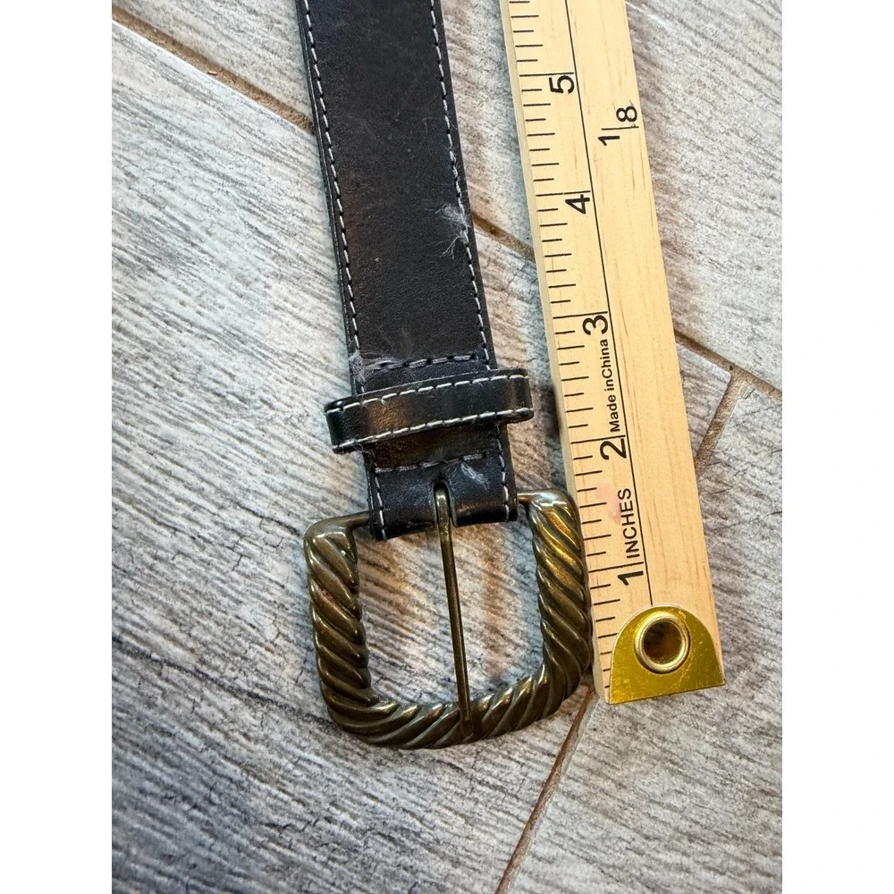 Genuine Leather Belt Black size Medium USA Twisted Buckle‎ Brasstone Vtg Western